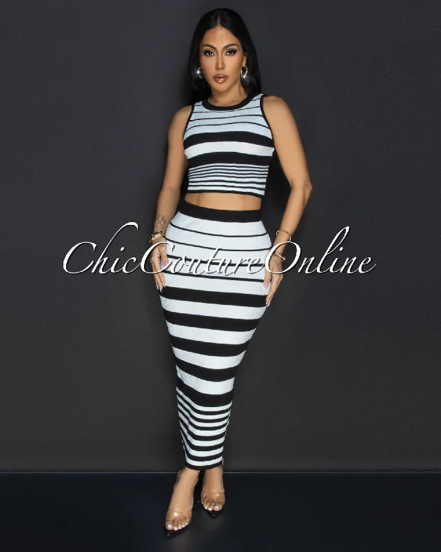 Evaline White Black Stripes Top & Midi Skirt Set casual skirt length