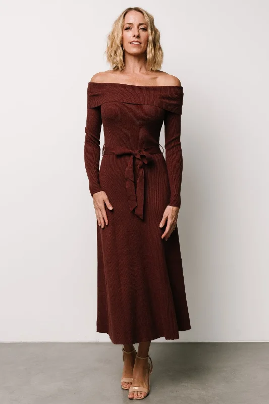 Rheta Off Shoulder Sweater Dress | Mahogany Real Fur Shearling Chenille