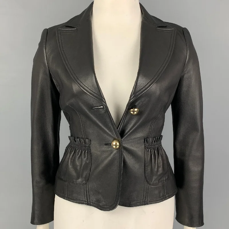FERAUD Size 8 Black Leather Single Breasted Jacket Welt Pockets Slit Pockets Flap Pockets FERAUD Size 8 Black Leather Single Breasted Jacket Welt Pockets Slit Pockets Flap Pockets