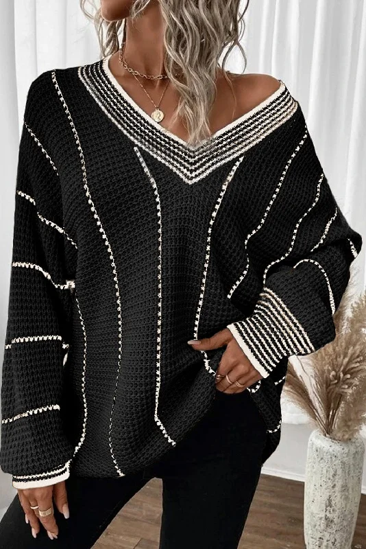 Colorblock Striped V Neck Knitted Loose Sweater Open Front Closed Front Wrap Front