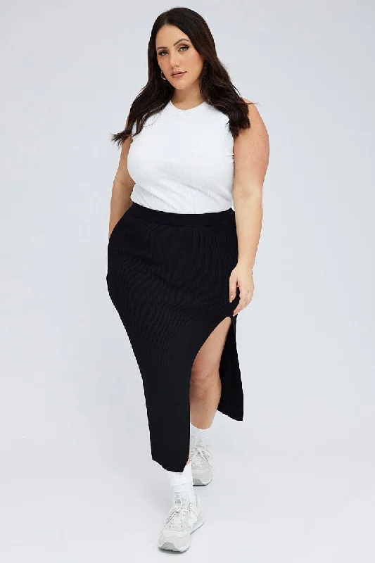 Black Knit Skirt Front Split Bodycon linen skirt airy