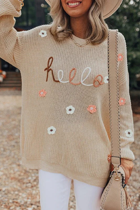 Hello Floral Embroidered Knit Loose Sweater Cable Knit Ribbed Knit Lace Knit