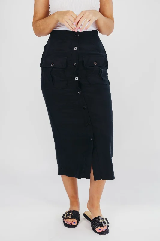 Better Days Button-Down Midi Cargo Skirt in Black denim skirt durable