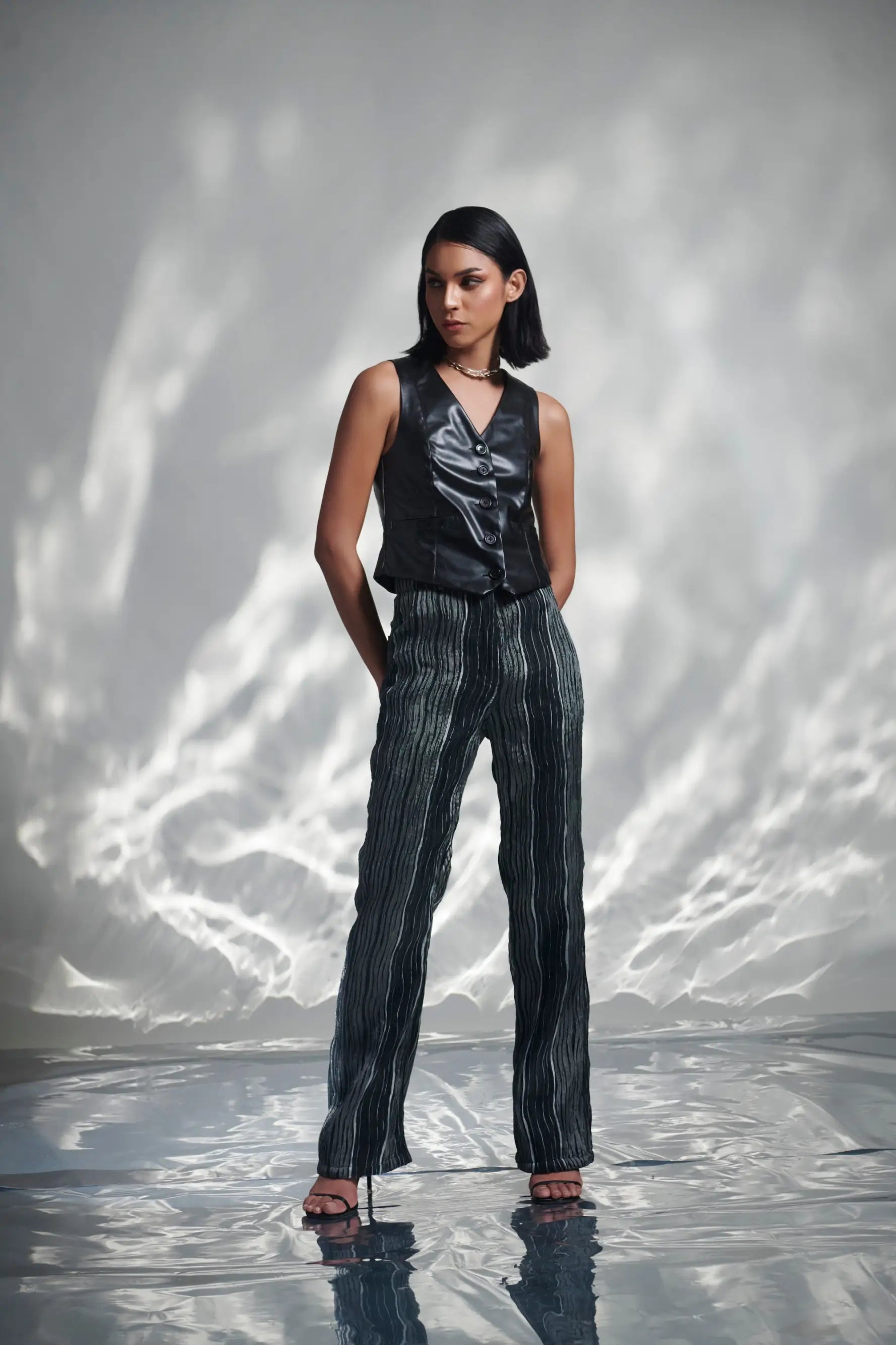 TRYST B&W Pants and Black Waistcoat Co-ord Set Trendy Printed Leggings