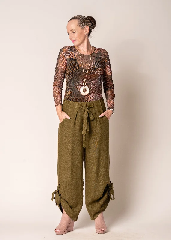 Gabriella Linen Pants in Green Olive Trendy Velvet Pants