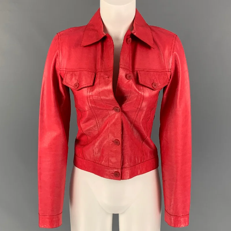 JIL SANDER Size 6 Red Leather Trucker Jacket Rayon Fabric Velvet Fabric Corduroy Fabric JIL SANDER Size 6 Red Leather Trucker Jacket Rayon Fabric Velvet Fabric Corduroy Fabric