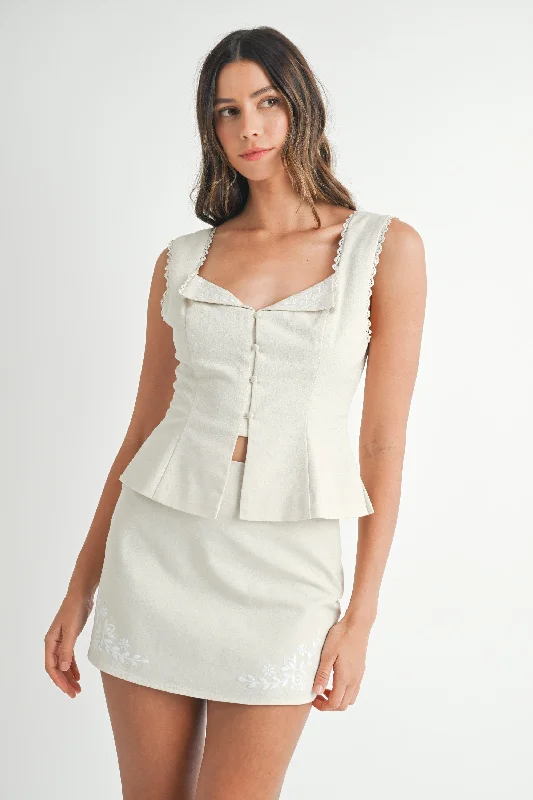Embroidered Button Front Top and Mini Skirt Set corduroy skirt comfortable