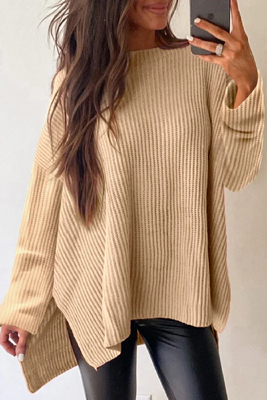 Cable Knit Side Slits Loose Sweater Elegant Classic Vintage