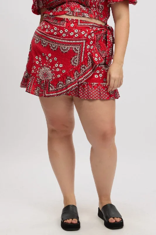 Red Boho Frill Wrap Mini Skirt casual skirt length