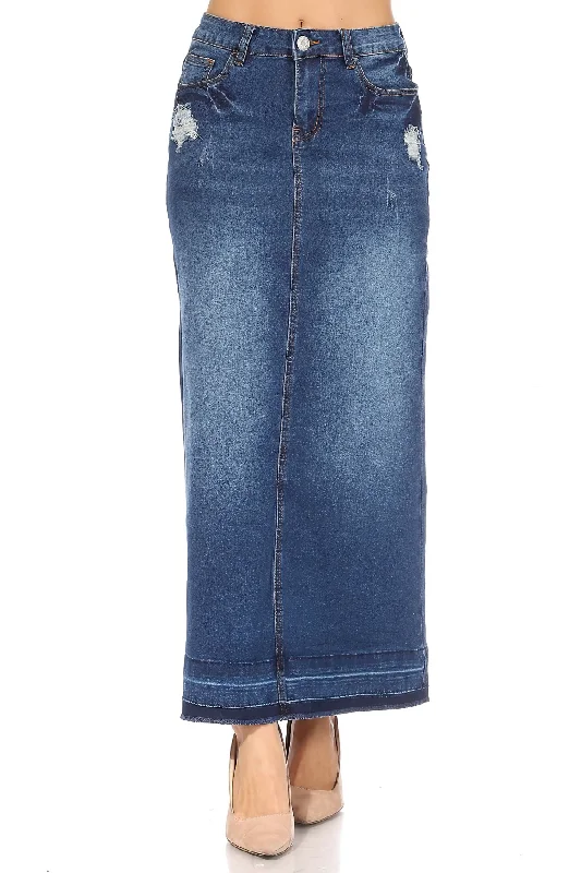 Long Aline Stretch Denim Maxi Skirt (87969-SKT) velvet skirt glossy