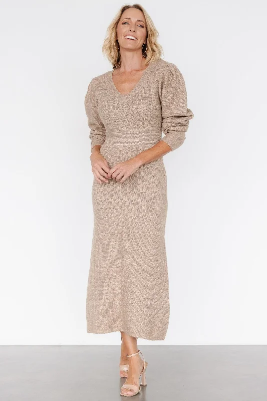 Lenore V Neck Sweater Dress | Latte Soft Cozy Warm