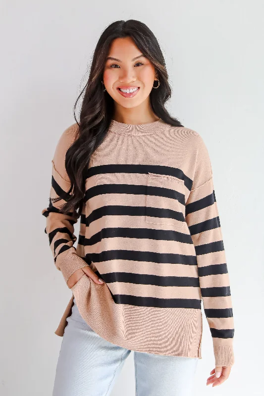 FINAL SALE - Cuddled Up Days Camel Striped Sweater Sweater Knitwear Pullover