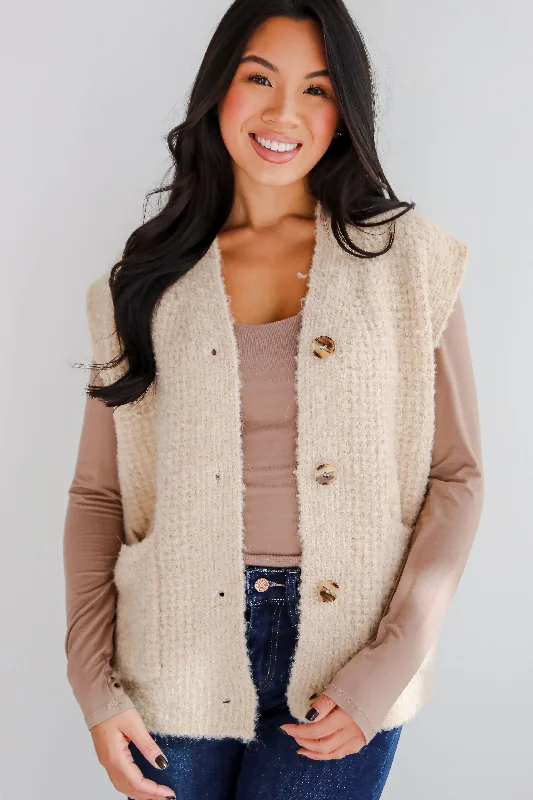 FINAL SALE - Elevated Comfort Oatmeal Fuzzy Knit Sweater Vest Oversized Loose Flowy