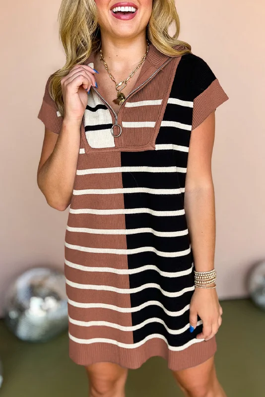 Color Block Quarter Zip Sweater Dress Glossy Satin Silk