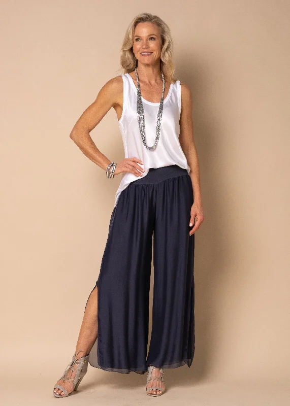 Gia Silk Pants in Navy Stylish Paperbag Waist Pants