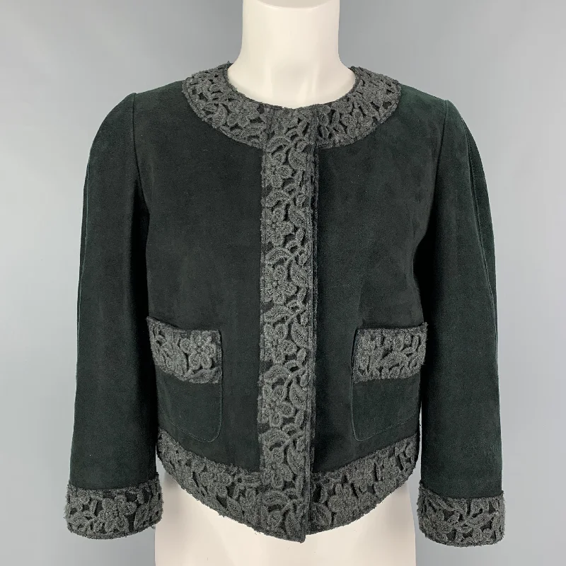 DOLCE & GABBANA Size 8 Dark Green Suede Mixed Patterns Jacket A-Line Jacket Boat Neck Shawl Collar DOLCE & GABBANA Size 8 Dark Green Suede Mixed Patterns Jacket A-Line Jacket Boat Neck Shawl Collar
