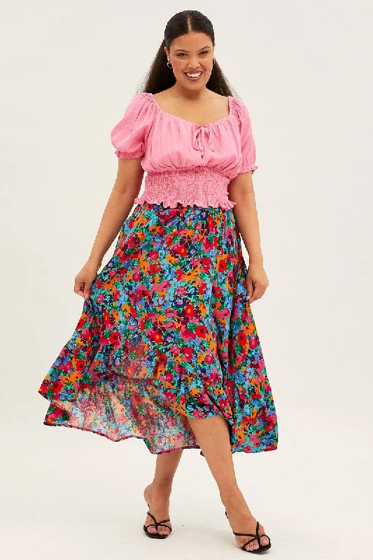 Multi Floral Print Maxi Skirt cashmere skirt rich