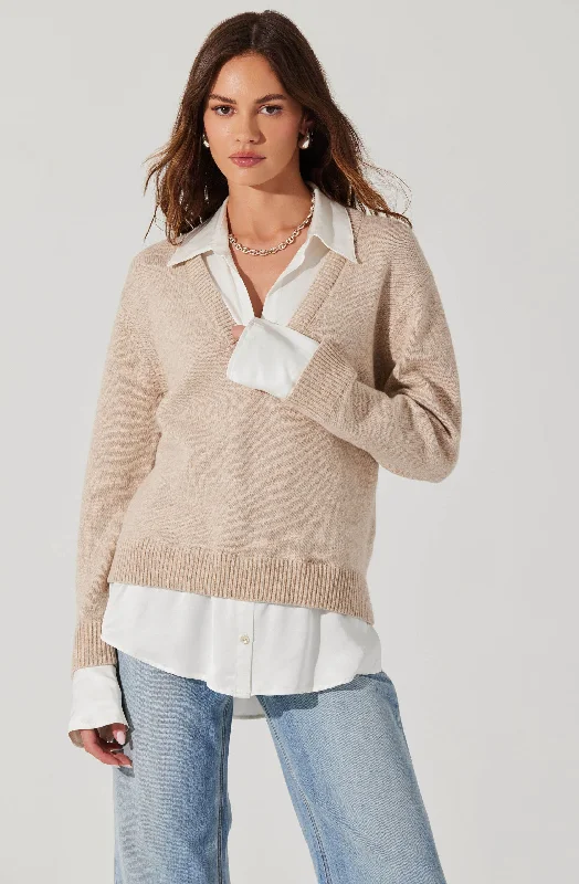 Jianna Mixed Media Layered Sweater Iron Safe Non-Iron Wrinkle Free