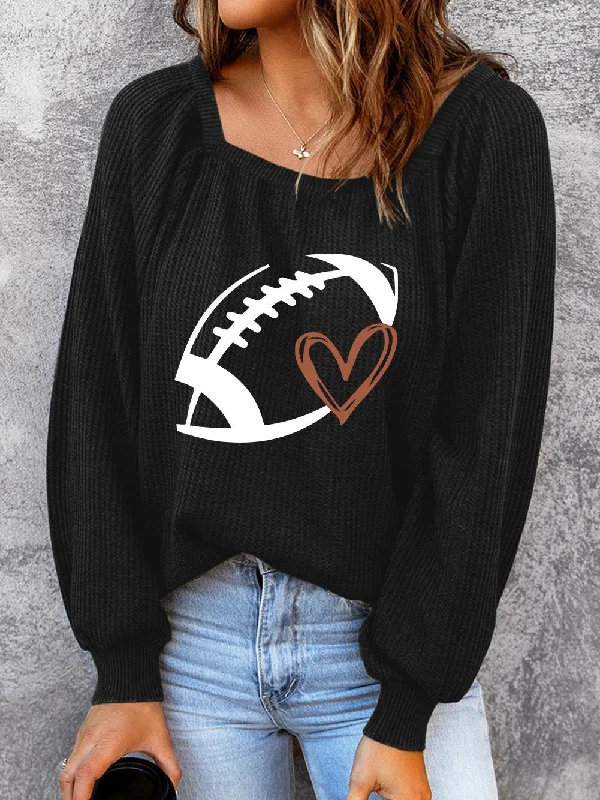 American Football and Heart Graphic Waffle Knit Sweater Solid Color Striped Floral Print