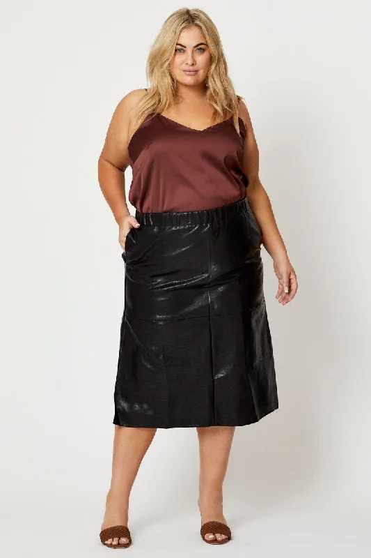 Black Midi Skirt Faux Leather wool skirt breathable
