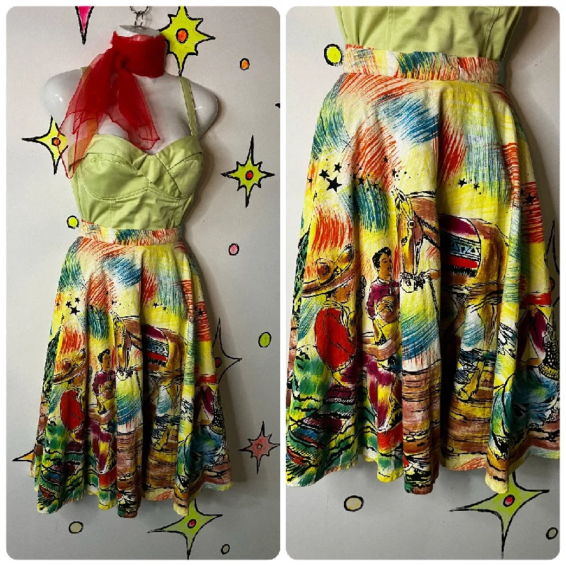 Vintage 1950s | Patio Skirt Hand Painted Western Full Swing Skirt velvet skirt sumptuous