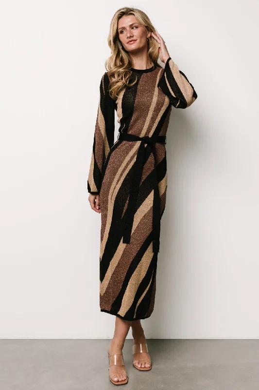 Leigh Sweater Dress | Brown Multi Print Satin Blend Silk Blend Wool Blend