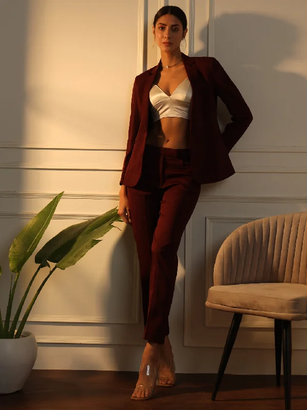 Notched Collar Stretch Pant Suit - Maroon Stylish Elastic Waist Pants