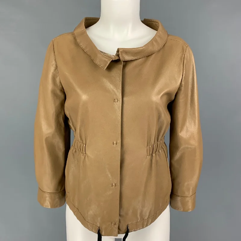 PRADA Size 4 Tan Leather 3/4 Sleeves Jacket Satin Jacket Silk Jacket Chiffon Jacket