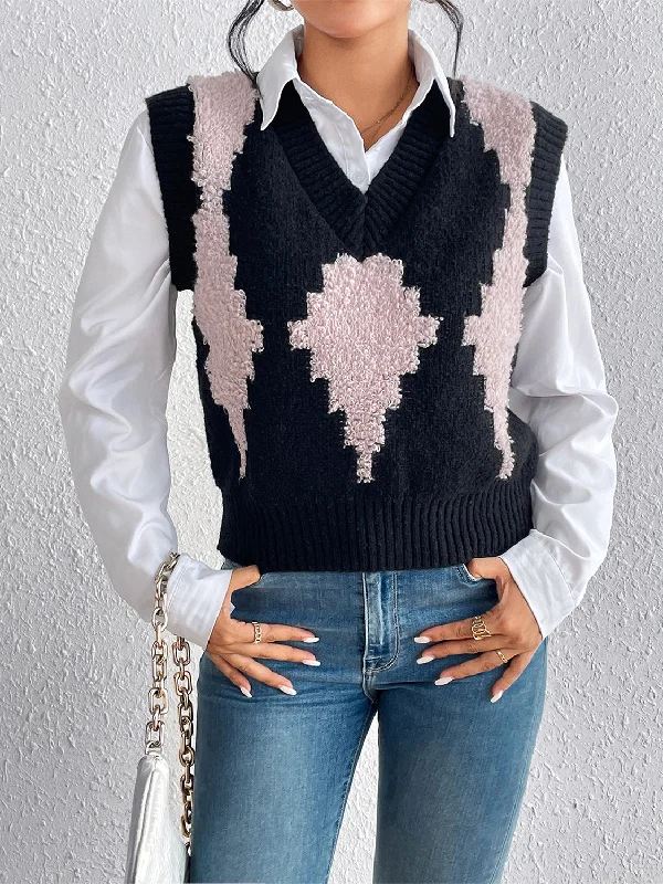 Contrast V-Neck Sweater Vest Spandex Blend Rayon Blend Denim Blend
