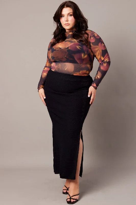 Black Double Split Knit Midi Skirt lace skirt feminine