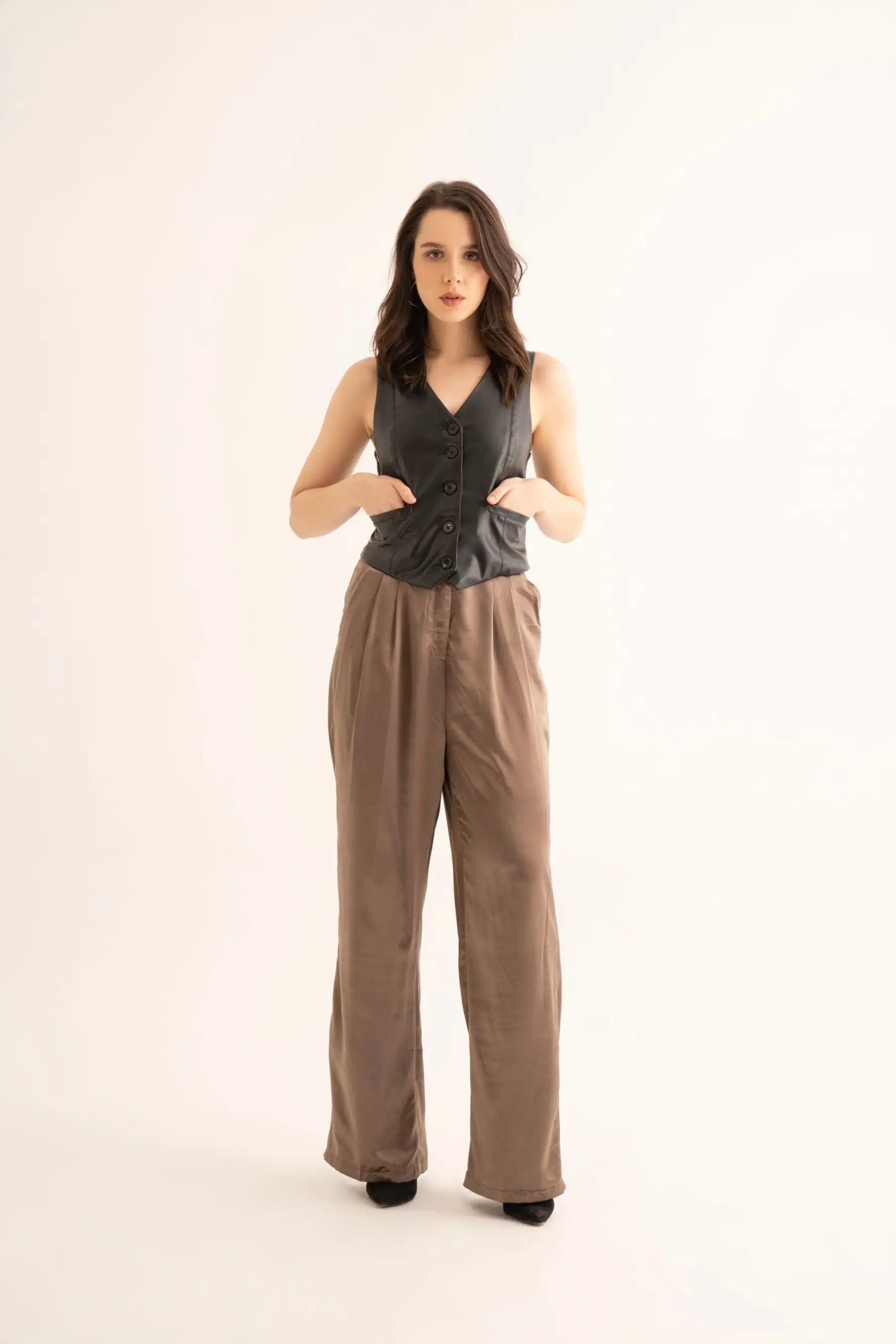 Black Faux Leather Waistcoat and Satin Korean Pants Co-ord Set Stylish Harem Pants