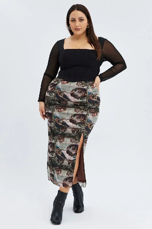 Brown Abstract Midi Skirt Mesh ruffled skirt detail