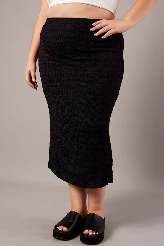 Black Textured Fitted Skirt denim skirt casual
