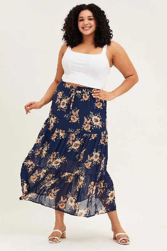 Floral Print Tiered Maxi Full Skirt chiffon skirt lightweight