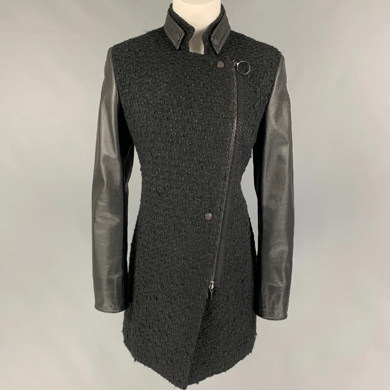 AKRIS Size 6 Black Wool Blend Lamb Skin Zip Up Jacket Striped Jacket Polka Dot Jacket Floral Jacket AKRIS Size 6 Black Wool Blend Lamb Skin Zip Up Jacket Striped Jacket Polka Dot Jacket Floral Jacket