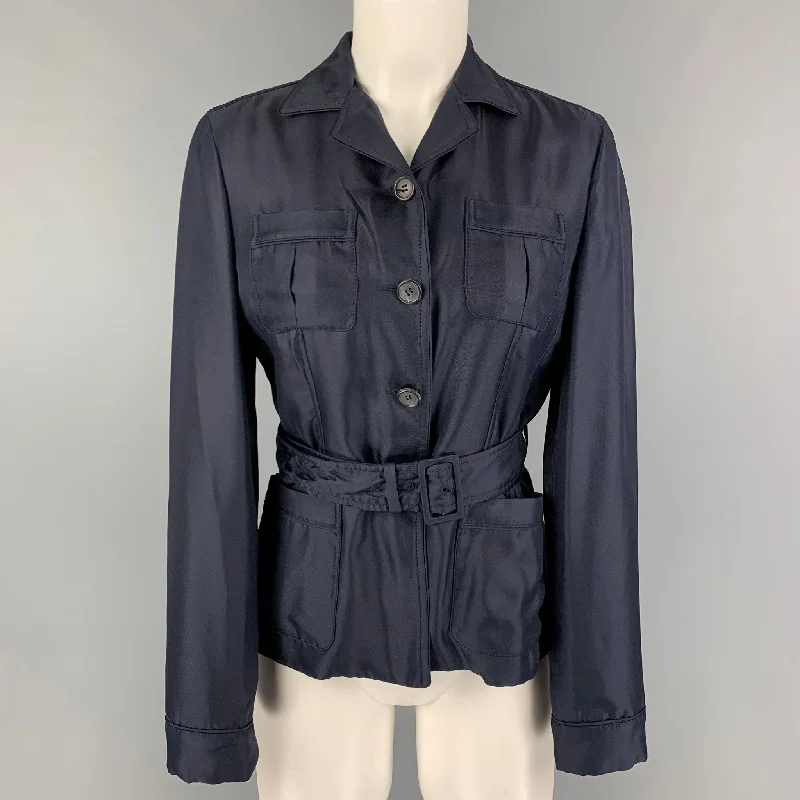 PRADA Size 4 Navy Silk Single Breasted Belted Jacket Jersey Jacket Tulle Jacket Batik Jacket PRADA Size 4 Navy Silk Single Breasted Belted Jacket Jersey Jacket Tulle Jacket Batik Jacket