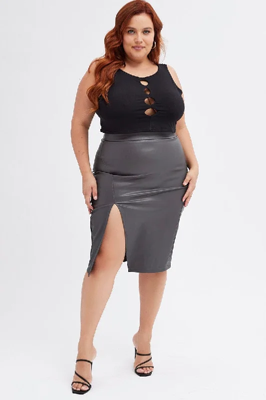 Grey Split Skirt Midi Faux Leather corduroy skirt durable