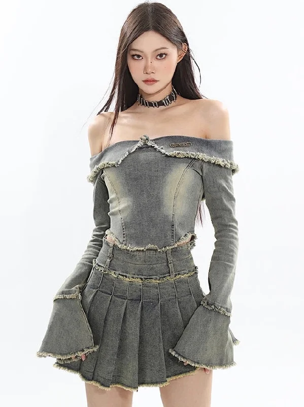 Tahari Washed Denim Slim Off-the-Shoulder Fold Lapel Long Sleeve Cropped Top + High Waist Patchwork Pleated Denim Mini Skirt Matching Set maxi skirt elegant