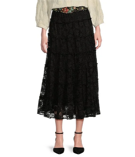 Black Lace Tiered Skirt w/ Belt asymmetrical skirt cut