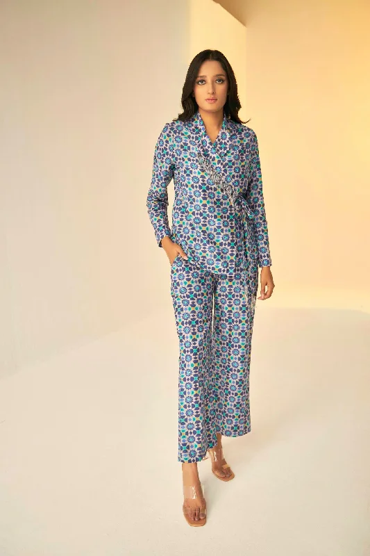 Lilac- Wrap Jacket And Pants Set In Kokand Print Classic Pleated Pants