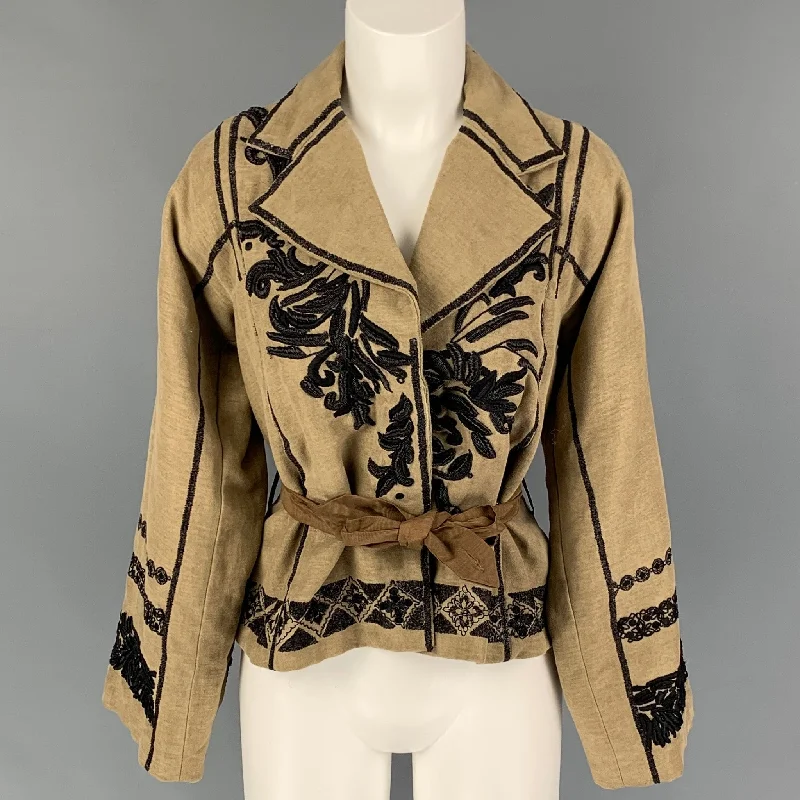 DRIES VAN NOTEN Size S Black Beige Linen Cotton Jacket Zippered Front Buttoned Front Snap Front DRIES VAN NOTEN Size S Black Beige Linen Cotton Jacket Zippered Front Buttoned Front Snap Front