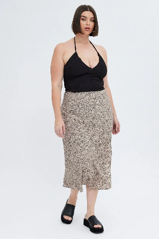Geo Midi Skirt Elastic Waist Slit linen skirt light