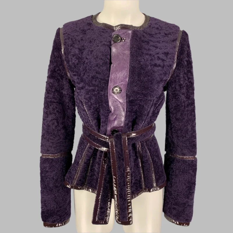 YVES SAINT LAURENT Size 6 Purple Shearling Patent Leather Reversible Belted Jacket Bomber Jacket Anorak Windbreaker YVES SAINT LAURENT Size 6 Purple Shearling Patent Leather Reversible Belted Jacket Bomber Jacket Anorak Windbreaker