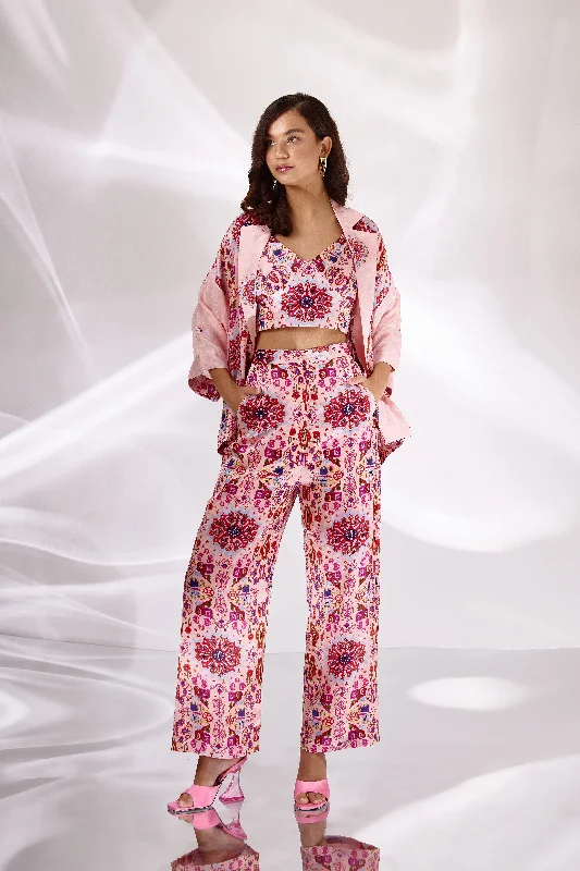 Pink Kashan Print Silk Jacket, Bustier & Pants Set Formal Linen Trousers