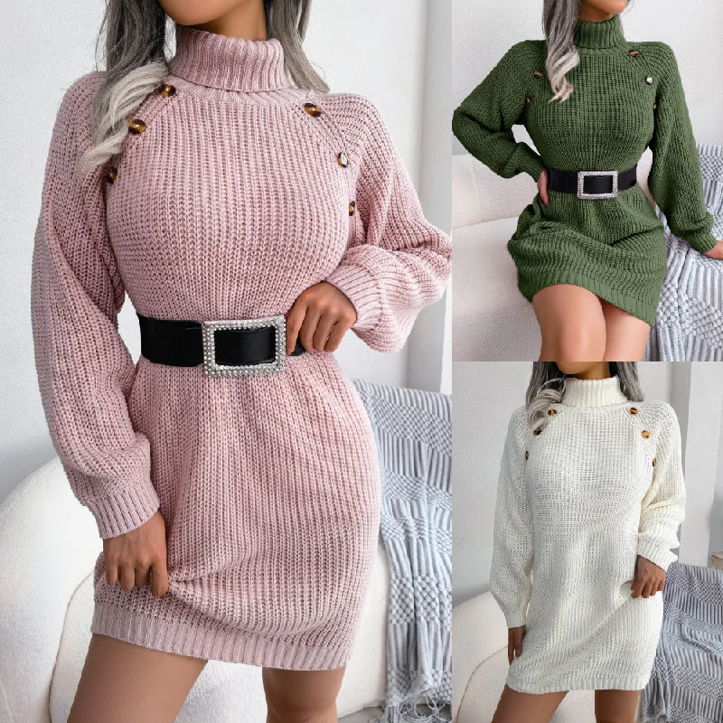 Autumn And Winter European And American Leisure Clinch Turtleneck Long Sleeve Base Sweater Dress Neon Metallic Matte