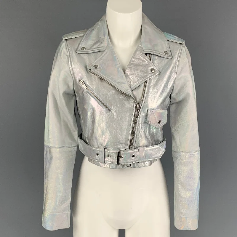 VEDA Size XS Silver Iridescent Metallic Leather Biker Cropped Jacket Fitted Jacket Loose Jacket Oversized Jacket VEDA Size XS Silver Iridescent Metallic Leather Biker Cropped Jacket Fitted Jacket Loose Jacket Oversized Jacket