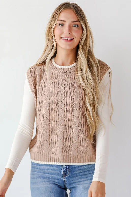 Cozy Outlook Taupe Cable Knit Sweater Vest Iron Safe Non-Iron Wrinkle Free