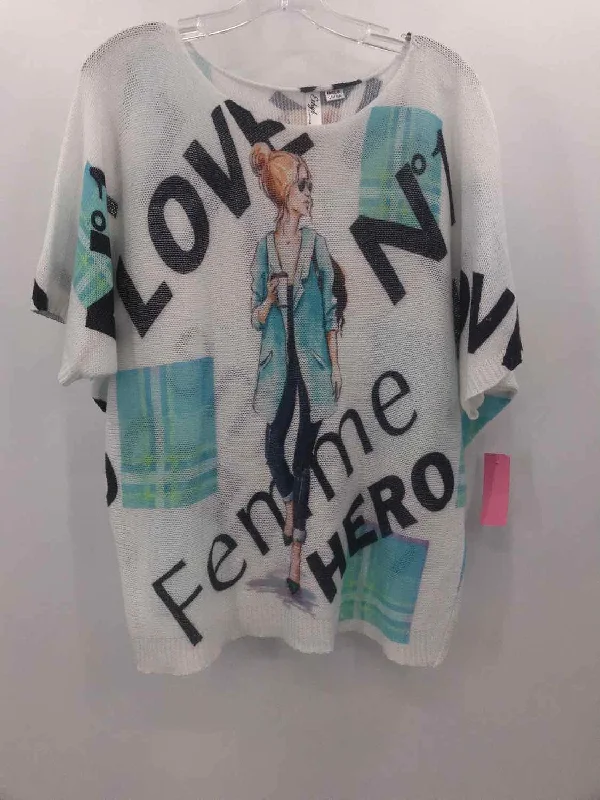 Pre-Owned Ethyl White Size L/XL Graphic Sweater Open Front Closed Front Wrap Front