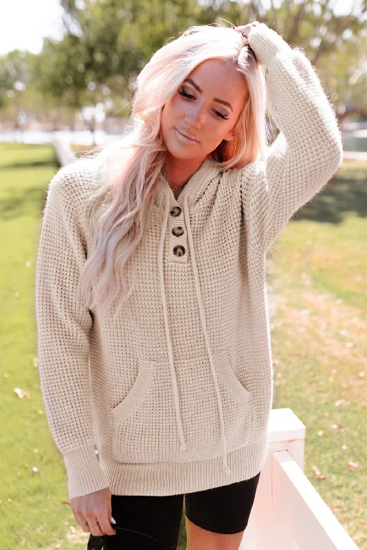 Apricot Hooded Waffle Knit Sweater with Button-Up Front Pocket Modern Contemporary Chic