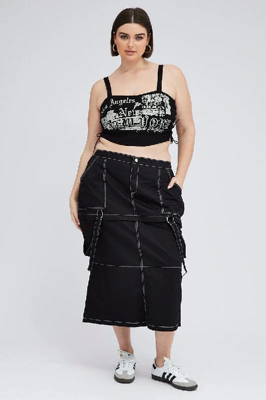 Black Cargo Midi Skirt Detachable Hem wool skirt warm